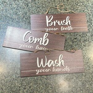 Bathroom Rules Wall Hangings 3 wood signs with jute and hangers Brush Wash Comb